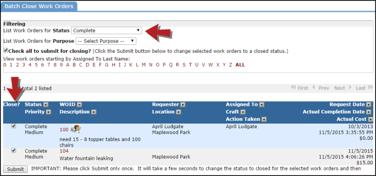 Batch close work orders tab